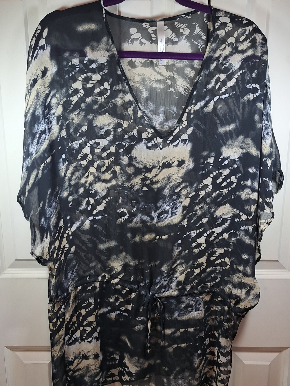 Sheer V-Neck Tie-Waist Swim Coverup - Black & Cream